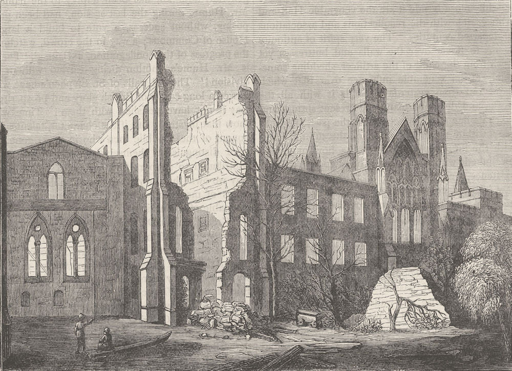 ROYAL PALACE OF WESTMINSTER. Houses of Parliament after the fire, in 1834 c1880